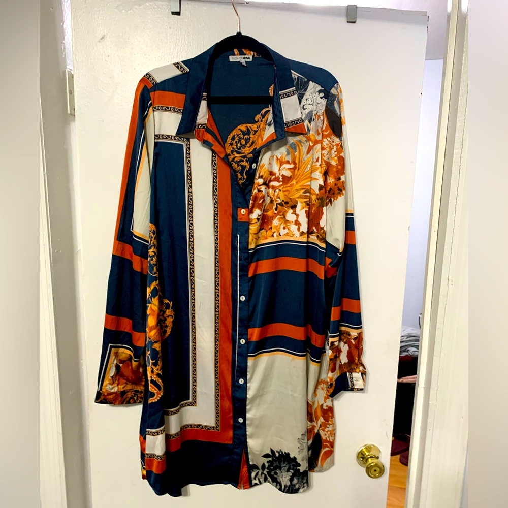 Long Sleeve collared abstract print dress